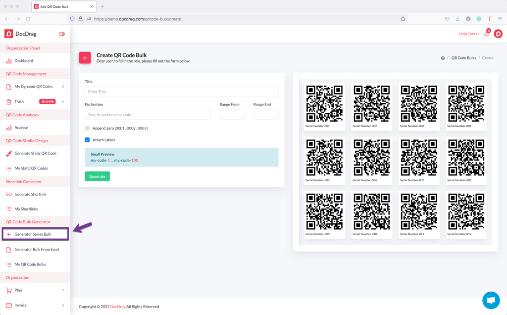 How to generate bulk QR codes in a minute? DocDrag Platform