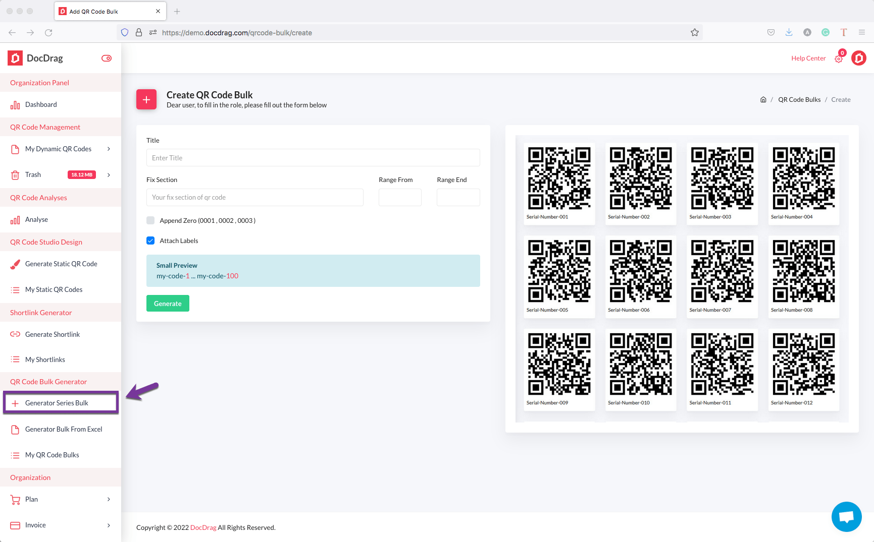 Bulk QR code in Series with DocDrag