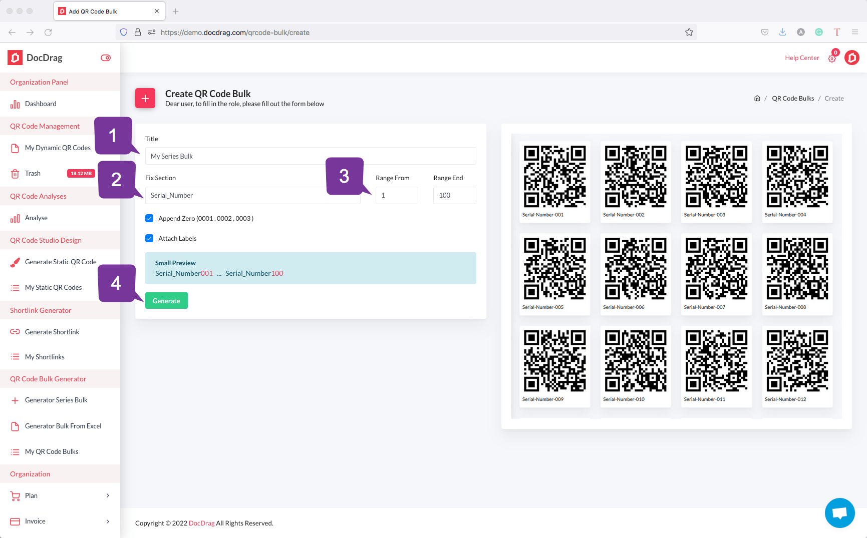 Bulk QR code in Series with DocDrag